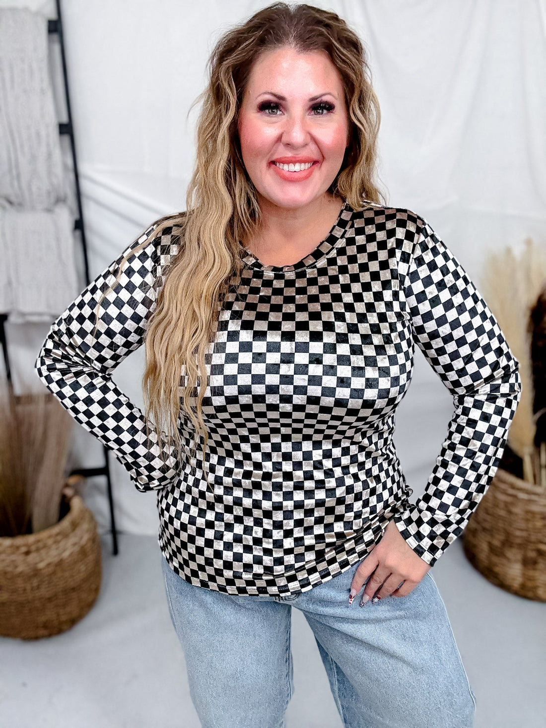 Long Sleeve Black and Beige Checkerboard Velvet Top - Whiskey Skies - J.NNA