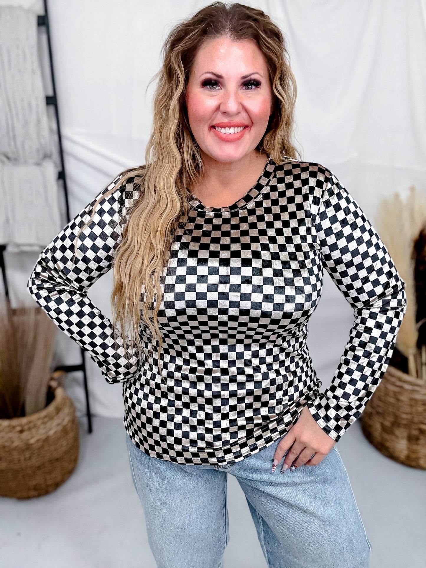 Long Sleeve Black and Beige Checkerboard Velvet Top - Whiskey Skies - J.NNA