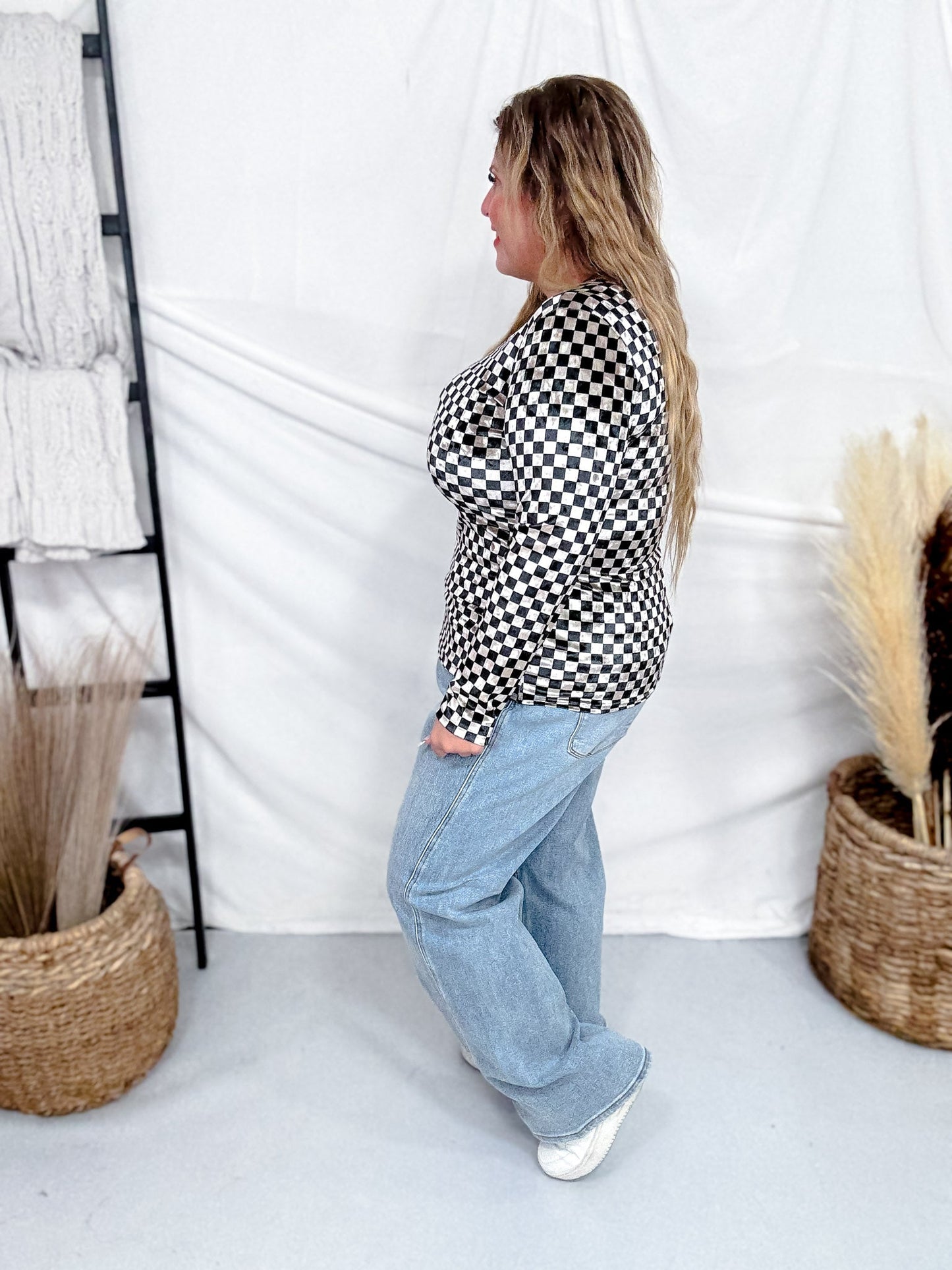Long Sleeve Black and Beige Checkerboard Velvet Top - Whiskey Skies - J.NNA