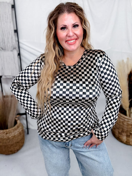 Long Sleeve Black and Beige Checkerboard Velvet Top - Whiskey Skies - J.NNA