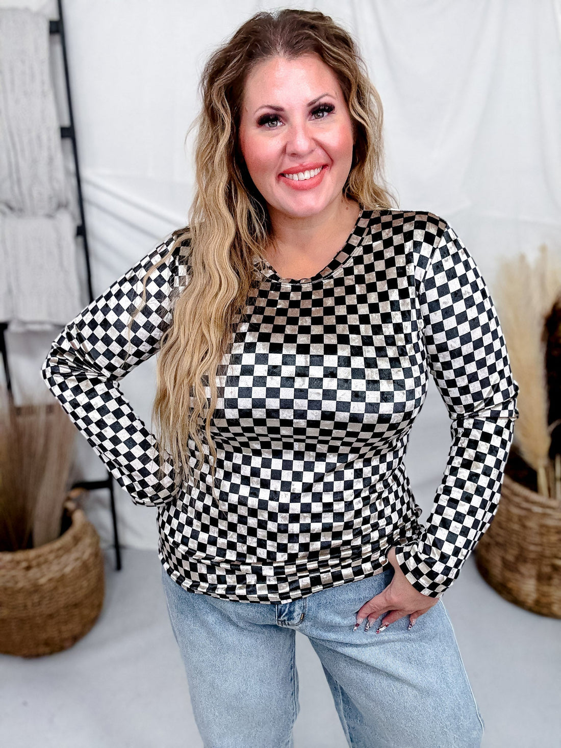 Long Sleeve Black and Beige Checkerboard Velvet Top - Whiskey Skies - J.NNA