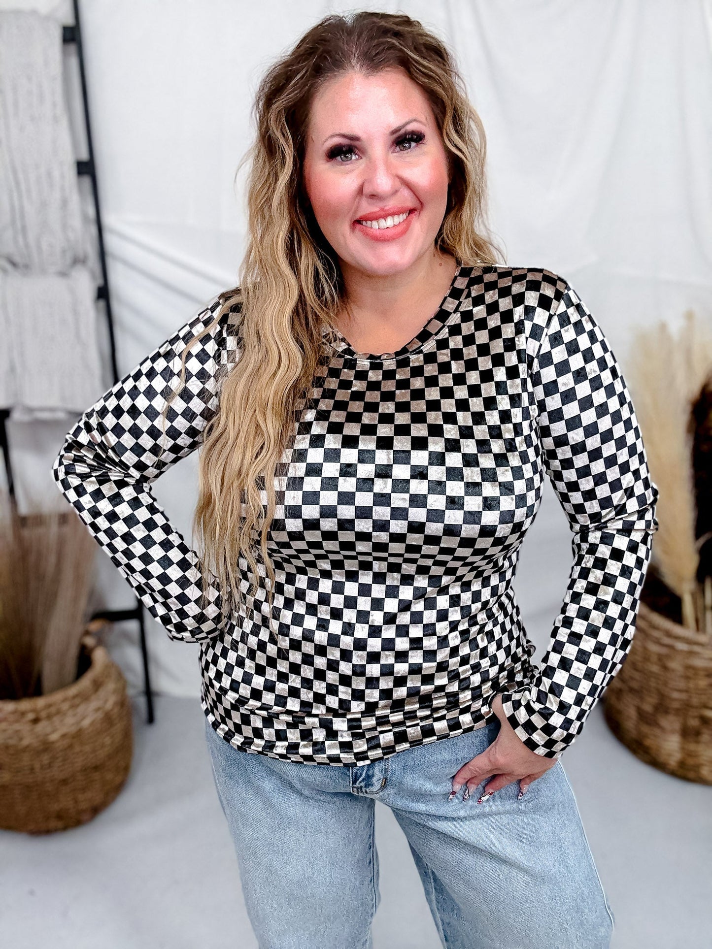 Long Sleeve Black and Beige Checkerboard Velvet Top - Whiskey Skies - J.NNA
