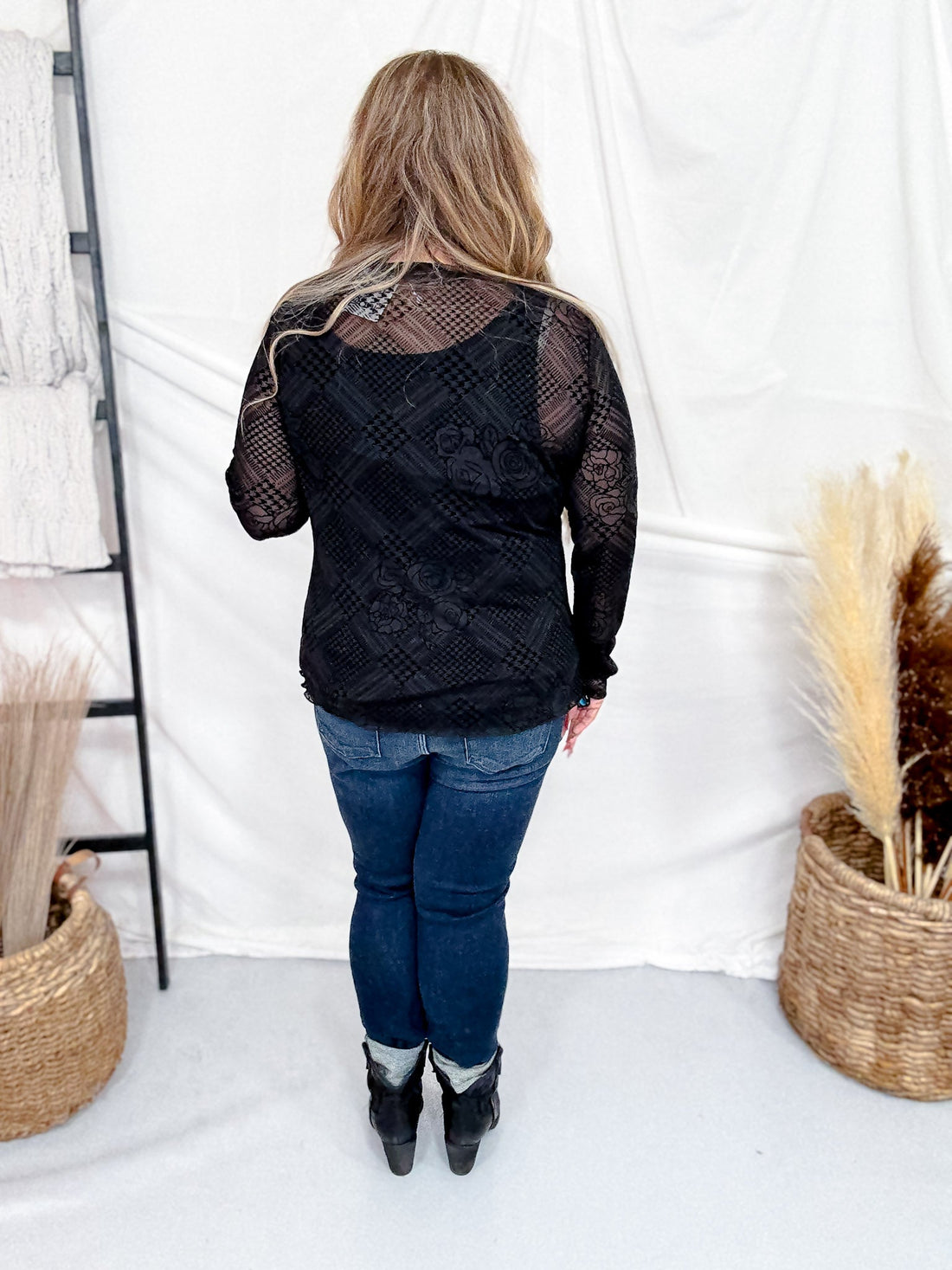 Long Sleeve Black Floral Plaid Mesh Top - Whiskey Skies - DAVI & DANI