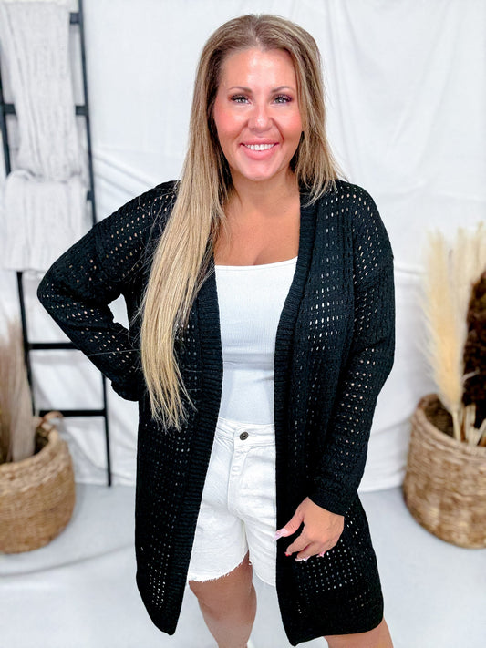 Long Sleeve Black Knit Open Cardigan - Whiskey Skies - WHITE BIRCH