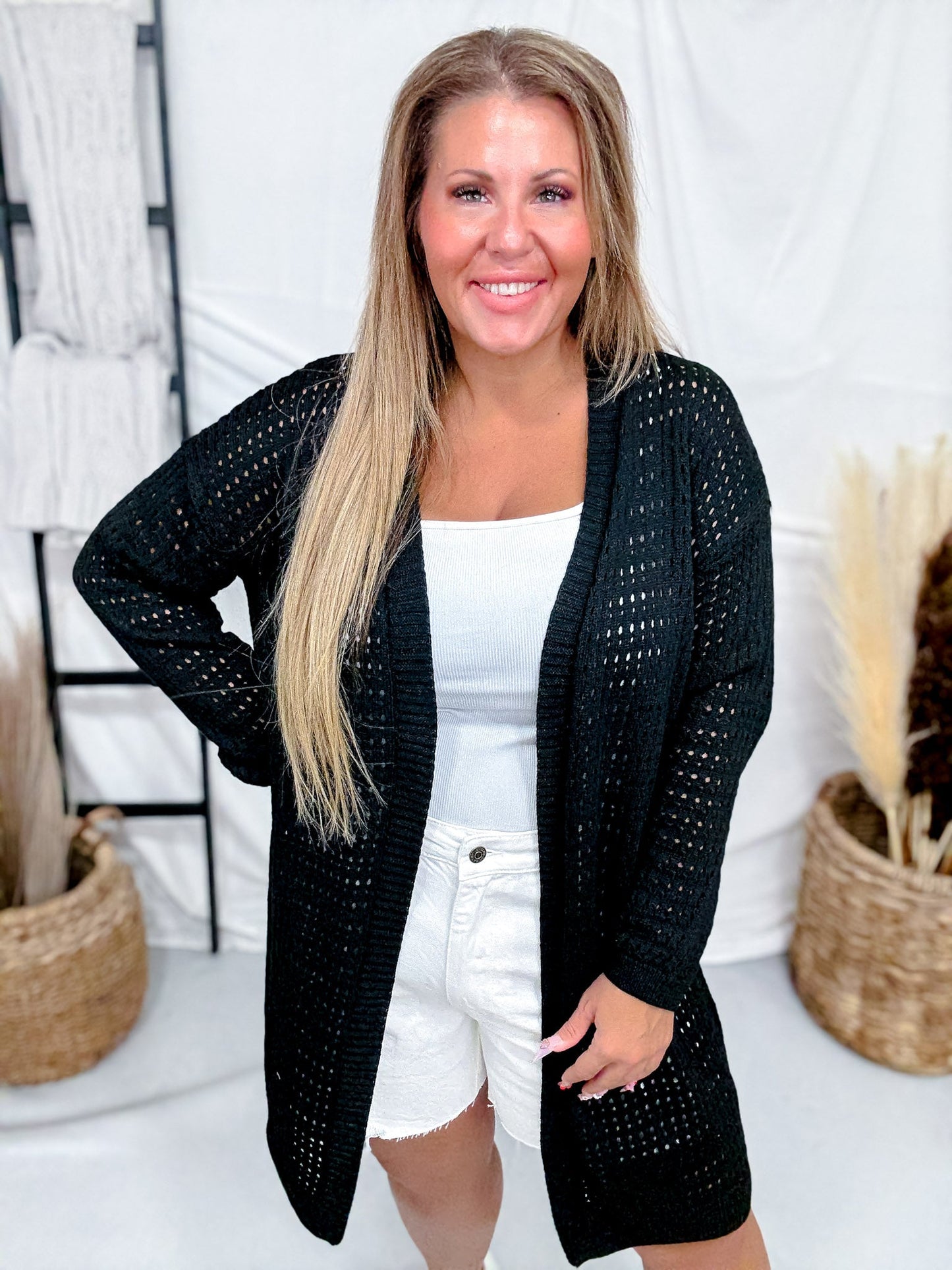 Long Sleeve Black Knit Open Cardigan - Whiskey Skies - WHITE BIRCH