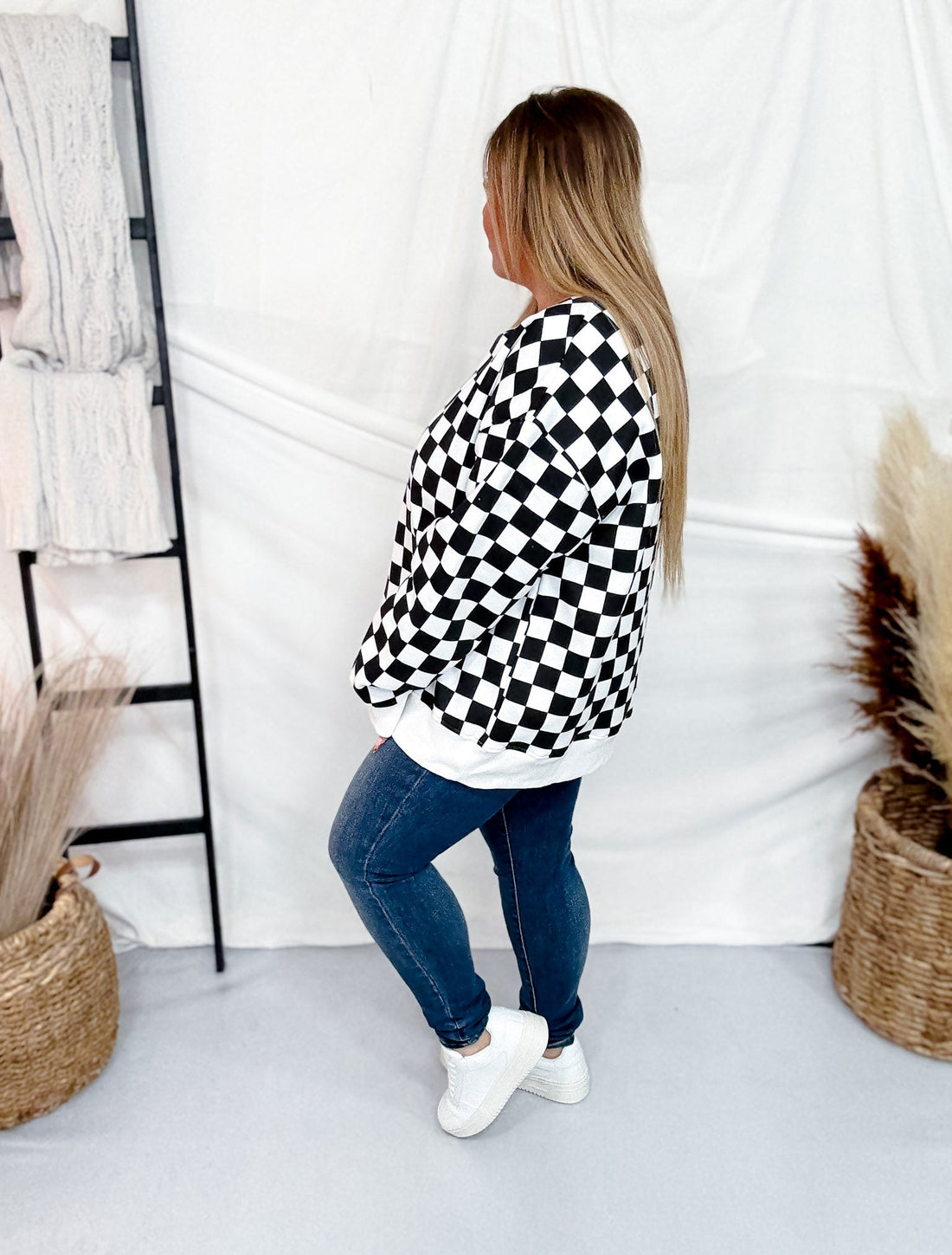 Long Sleeve Black & White Checkered Sweatshirt - Whiskey Skies - JADE BY JANE