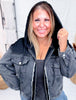 Long Sleeve Black Zip - Up Denim Jacket W/ Hoodie Feature - Whiskey Skies - WHITE BIRCH