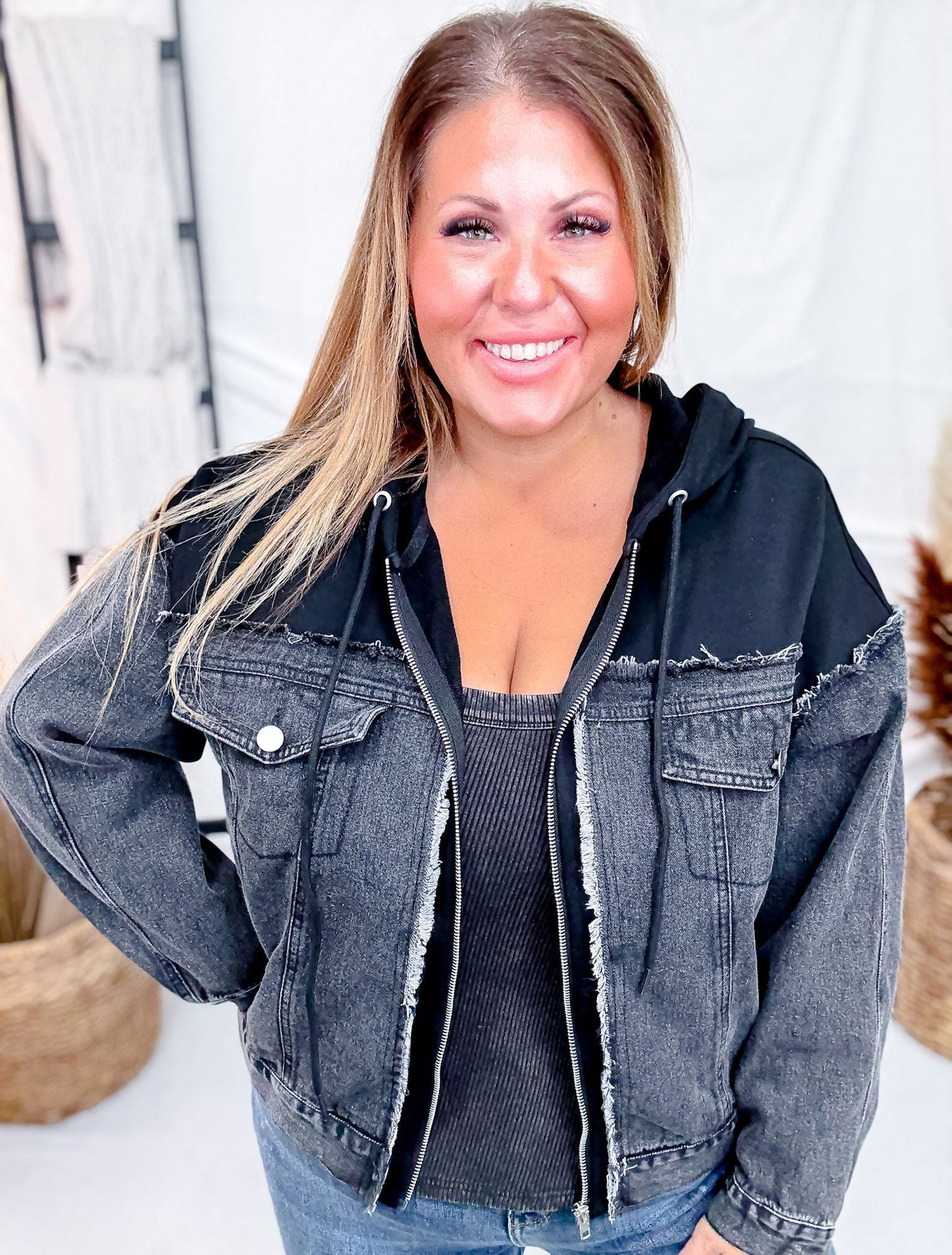 Long Sleeve Black Zip - Up Denim Jacket W/ Hoodie Feature - Whiskey Skies - WHITE BIRCH