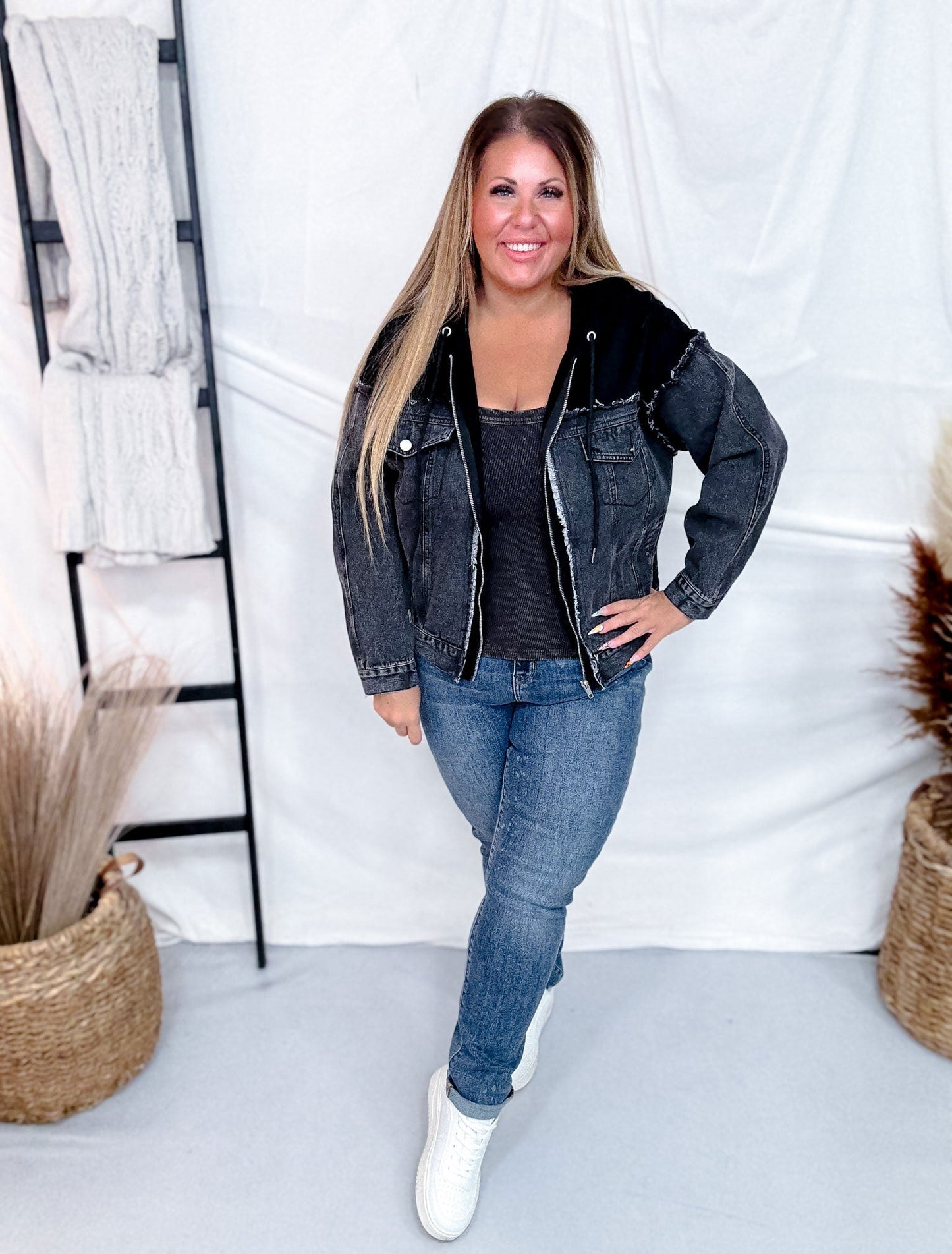 Long Sleeve Black Zip - Up Denim Jacket W/ Hoodie Feature - Whiskey Skies - WHITE BIRCH