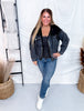 Long Sleeve Black Zip - Up Denim Jacket W/ Hoodie Feature - Whiskey Skies - WHITE BIRCH