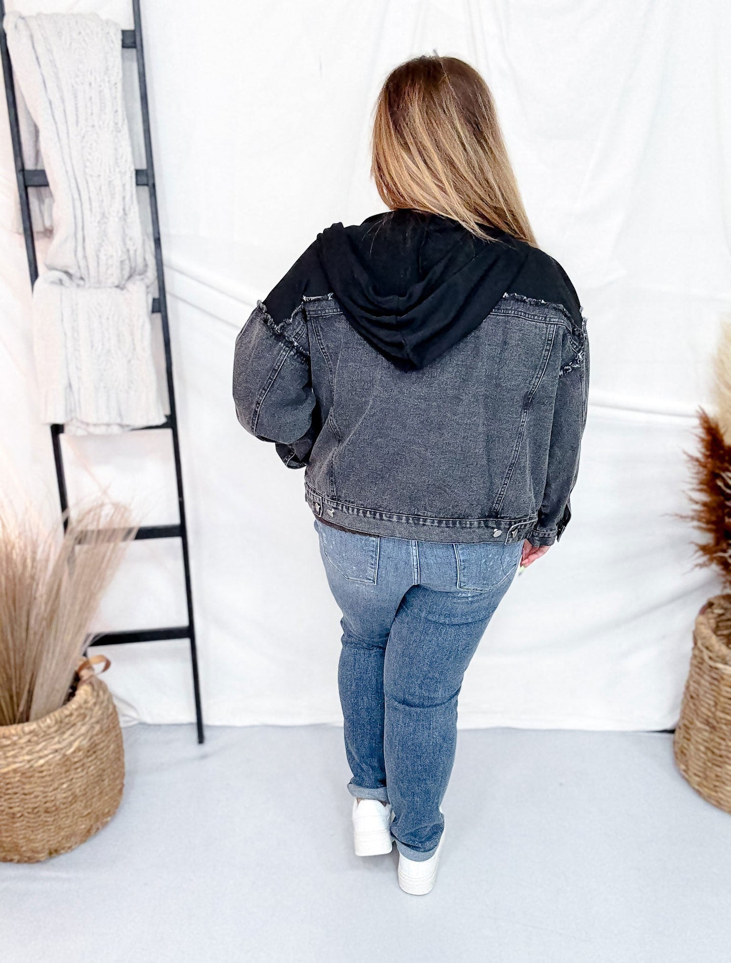 Long Sleeve Black Zip - Up Denim Jacket W/ Hoodie Feature - Whiskey Skies - WHITE BIRCH