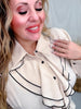 Long Sleeve Blouse W/ Cascading Front Ruffles Trimmed In Black - Whiskey Skies - SEW IN LOVE