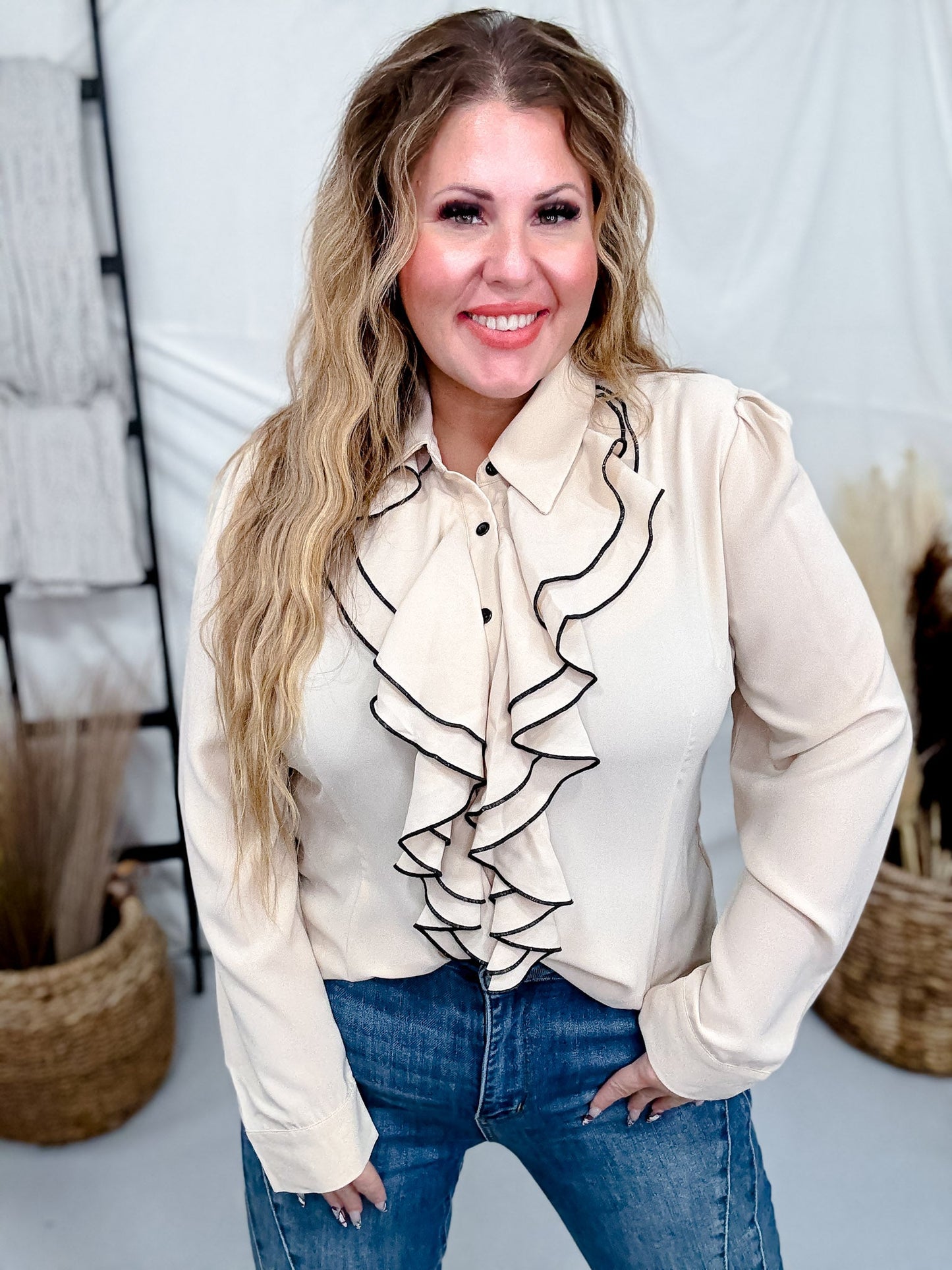 Long Sleeve Blouse W/ Cascading Front Ruffles Trimmed In Black - Whiskey Skies - SEW IN LOVE
