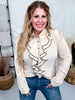 Long Sleeve Blouse W/ Cascading Front Ruffles Trimmed In Black - Whiskey Skies - SEW IN LOVE