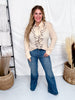 Long Sleeve Blouse W/ Cascading Front Ruffles Trimmed In Black - Whiskey Skies - SEW IN LOVE