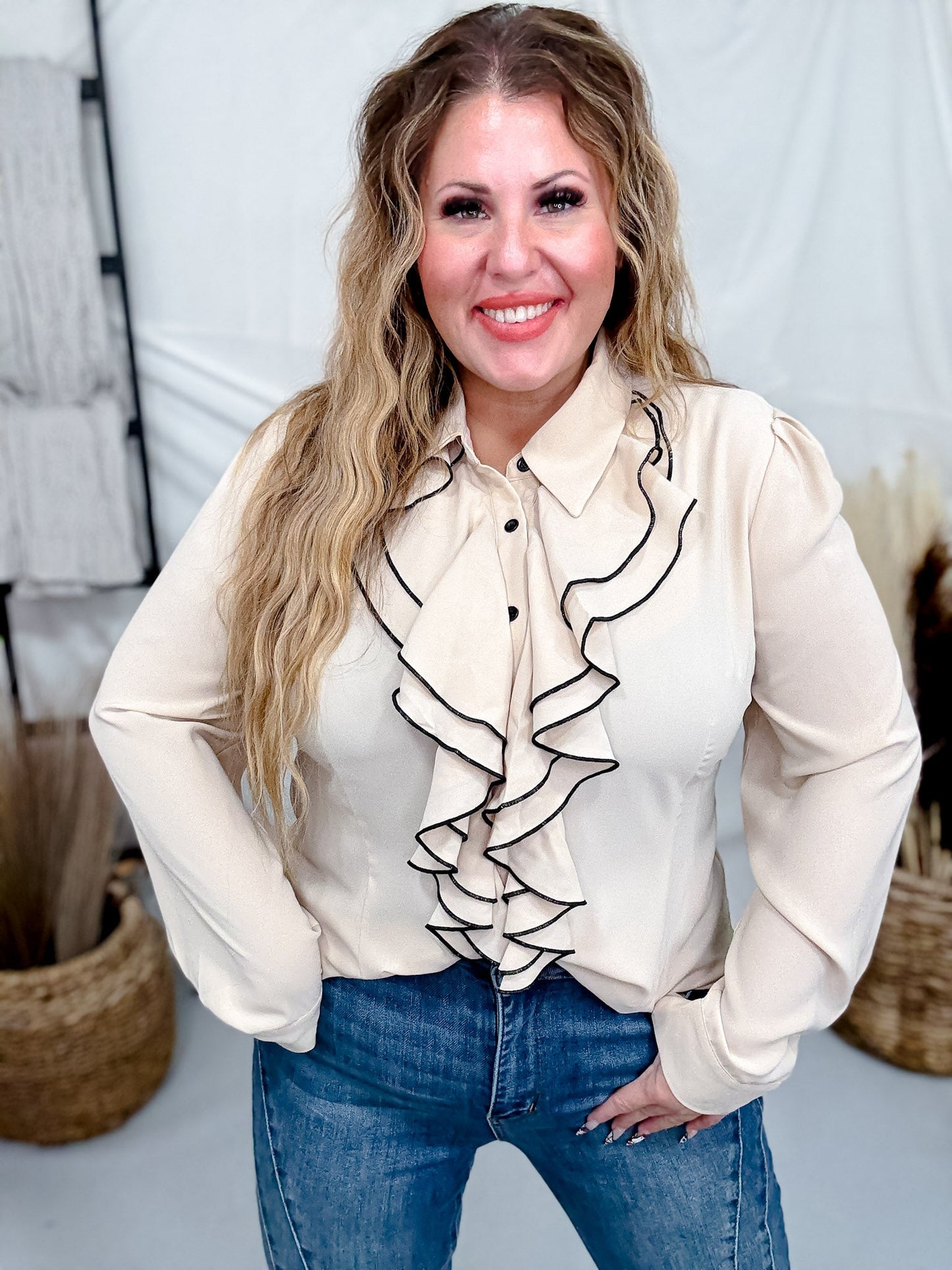 Long Sleeve Blouse W/ Cascading Front Ruffles Trimmed In Black - Whiskey Skies - SEW IN LOVE