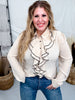 Long Sleeve Blouse W/ Cascading Front Ruffles Trimmed In Black - Whiskey Skies - SEW IN LOVE