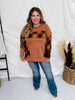 Long Sleeve Brick Colored Sweater W/ Color Block Plaid Details - Whiskey Skies - WHITE BIRCH