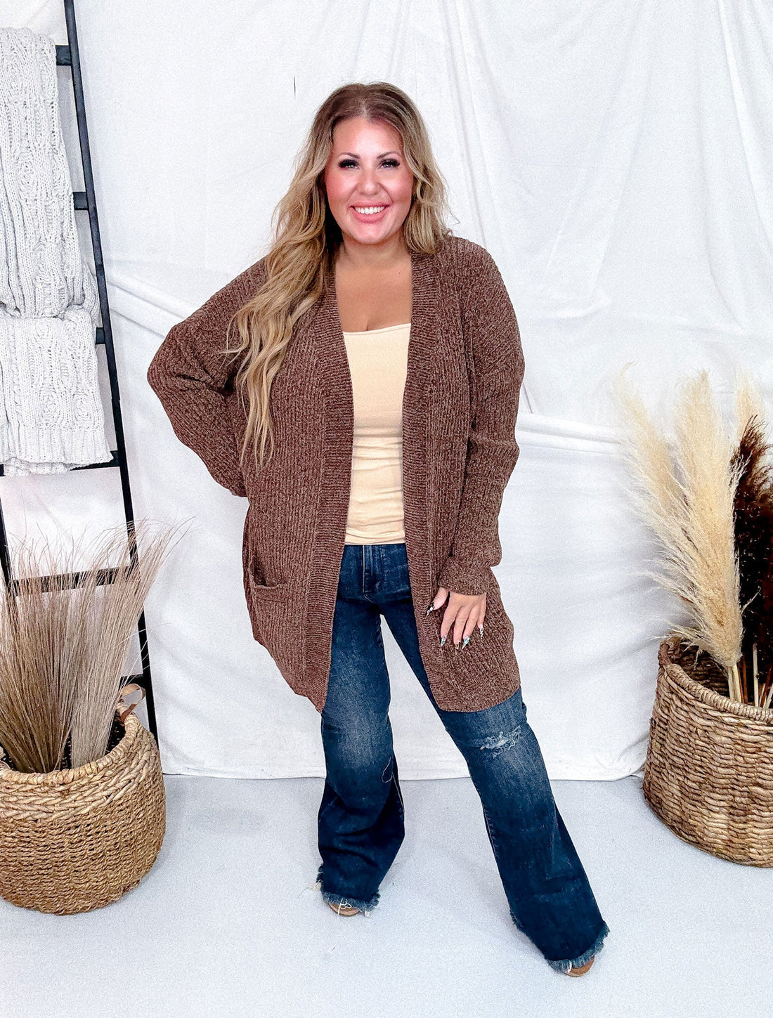 Long Sleeve Brown Knit Cardigan - Whiskey Skies - WHITE BIRCH