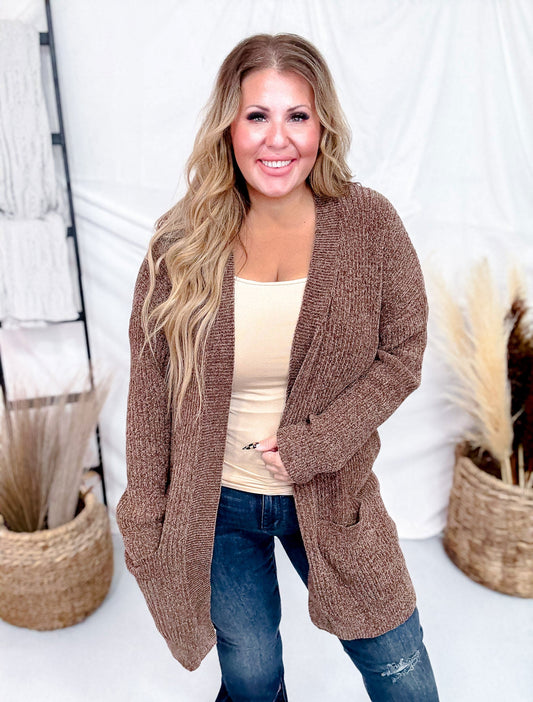 Long Sleeve Brown Knit Cardigan - Whiskey Skies - WHITE BIRCH