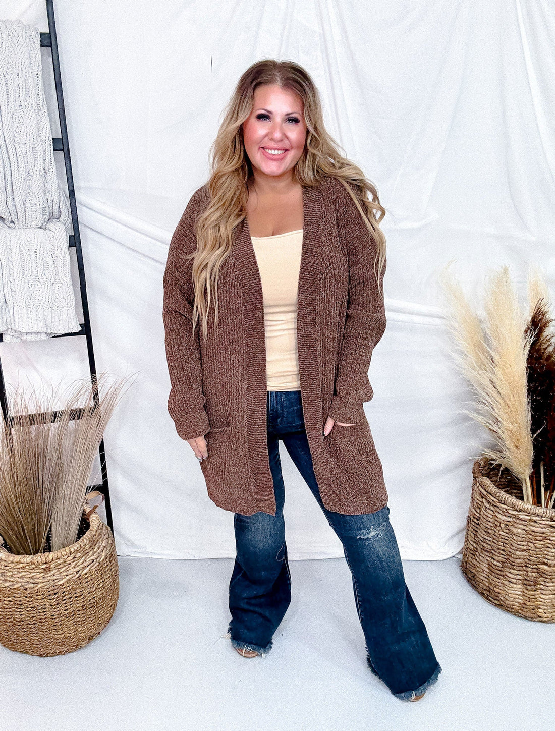 Long Sleeve Brown Knit Cardigan - Whiskey Skies - WHITE BIRCH