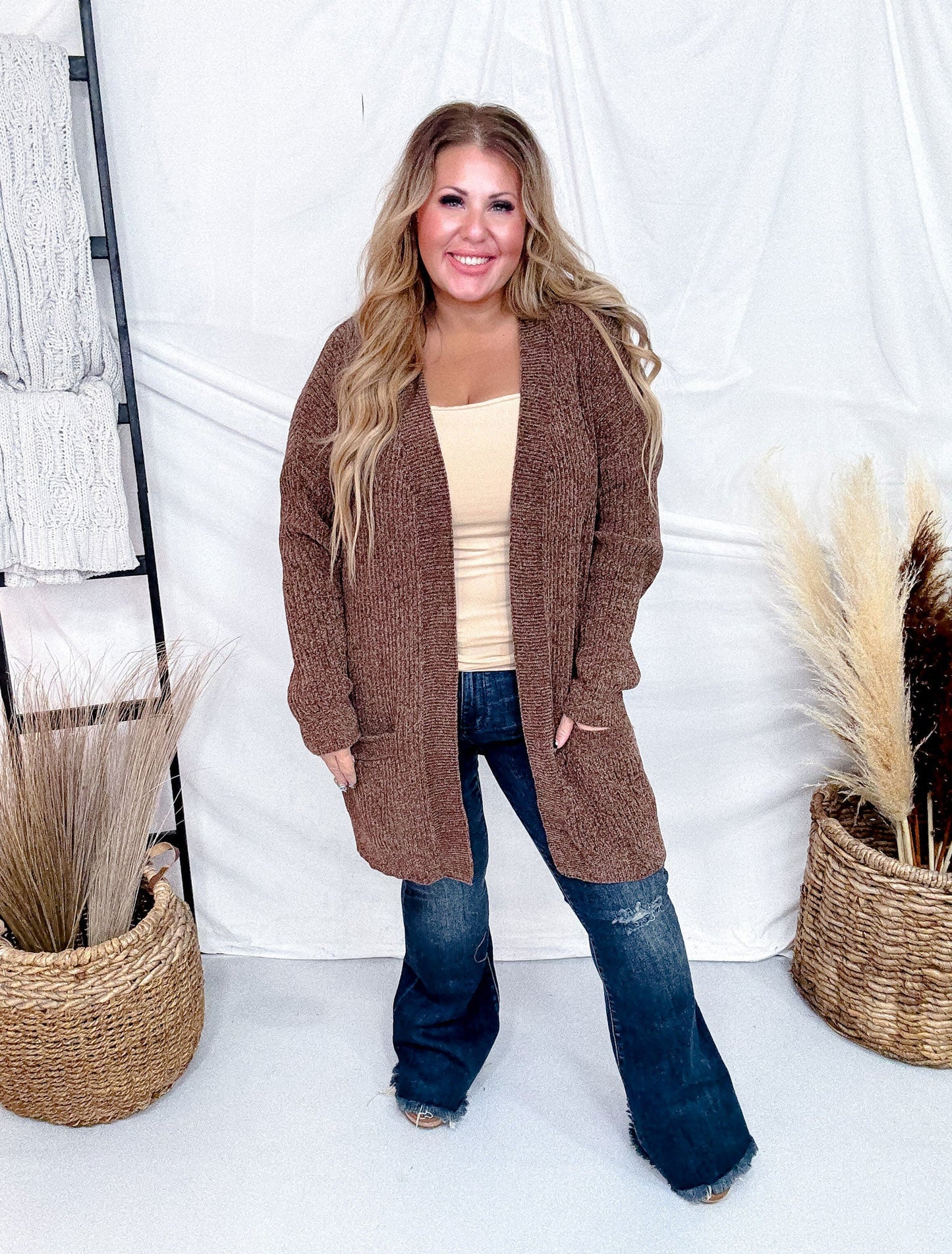 Long Sleeve Brown Knit Cardigan - Whiskey Skies - WHITE BIRCH