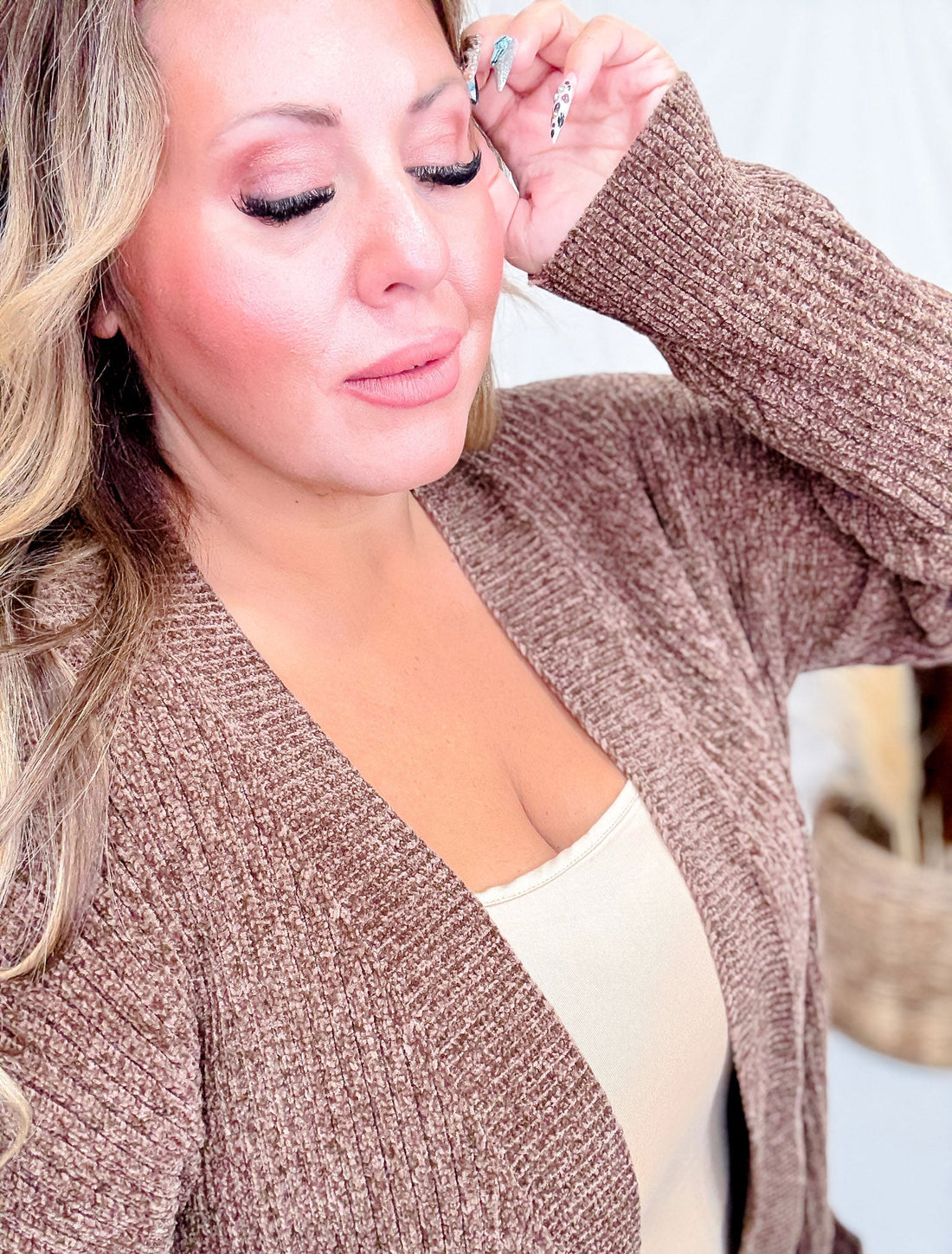 Long Sleeve Brown Knit Cardigan - Whiskey Skies - WHITE BIRCH