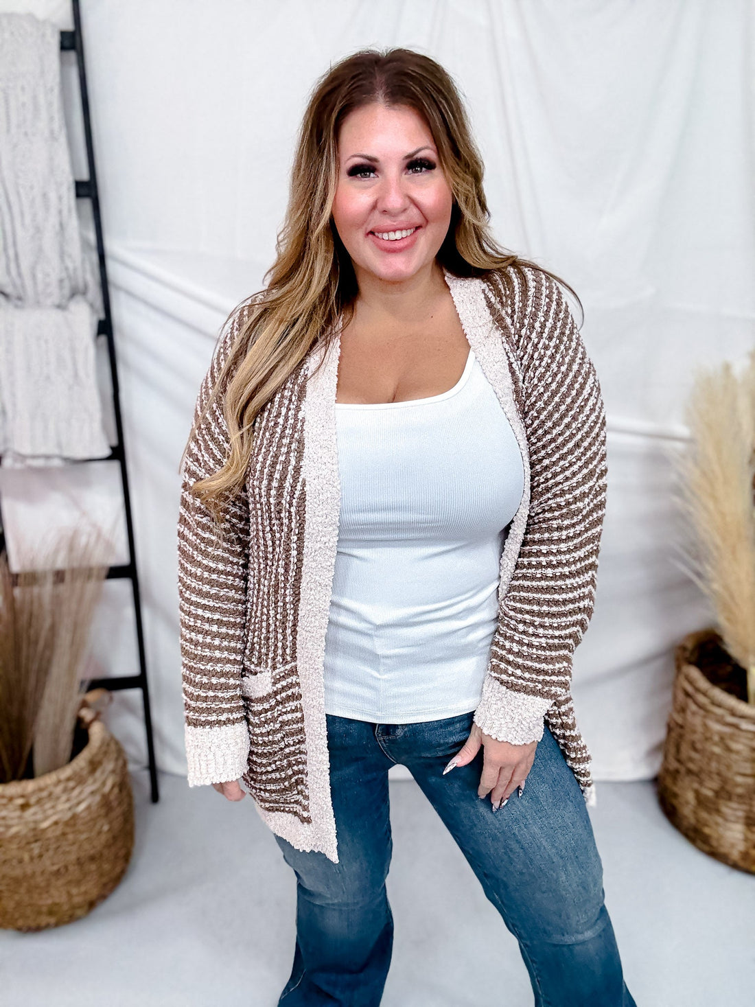 Long Sleeve Brown & Sand Open Knit Cardigan - Whiskey Skies - WHITE BIRCH