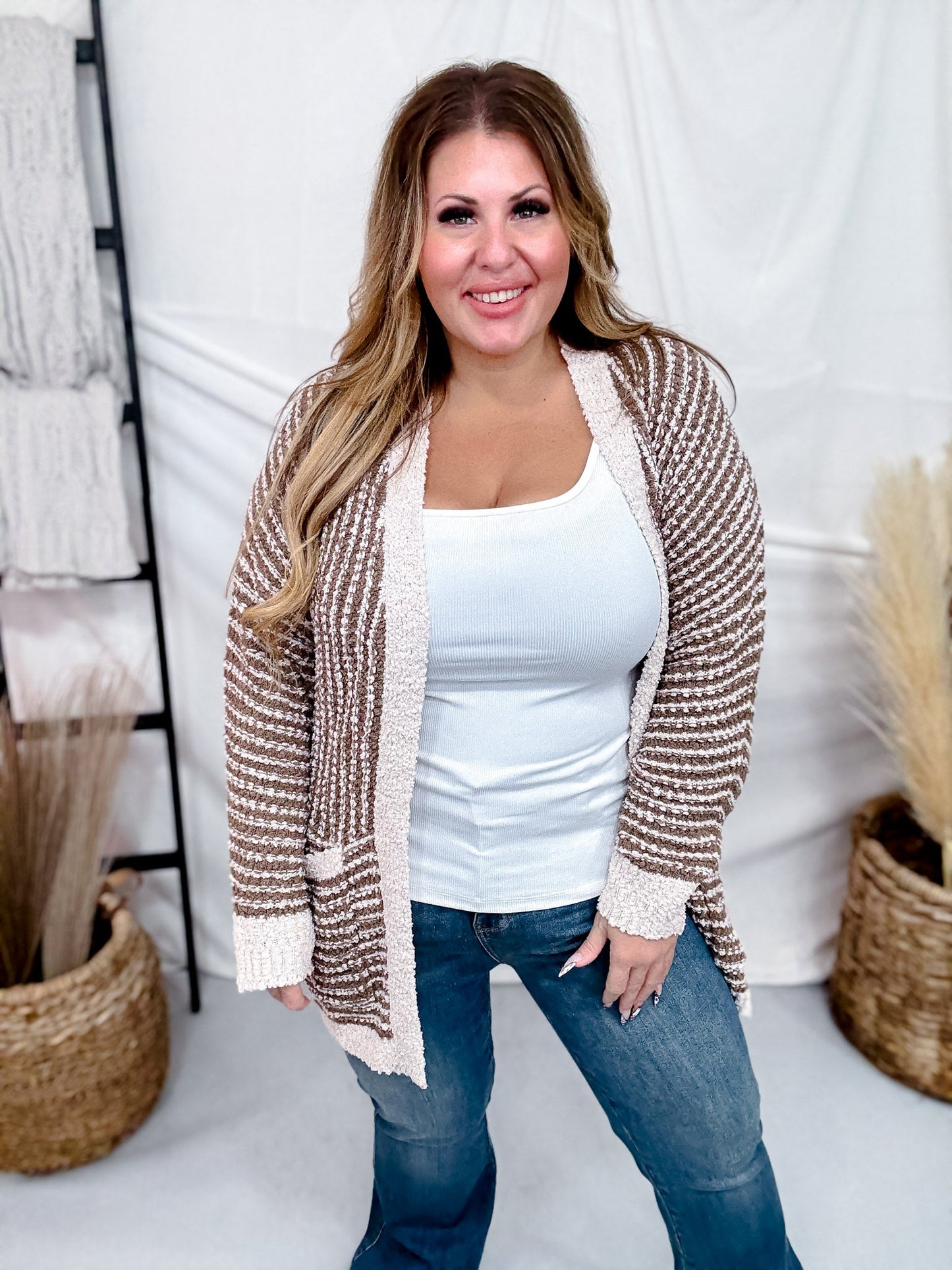 Long Sleeve Brown & Sand Open Knit Cardigan - Whiskey Skies - WHITE BIRCH