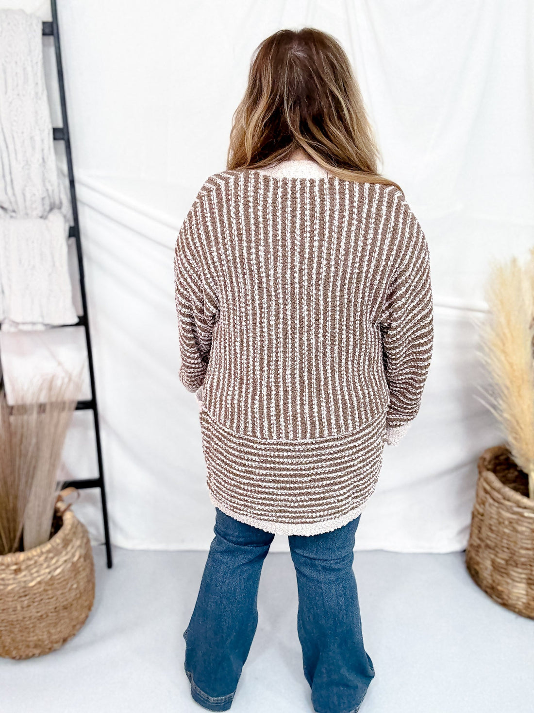 Long Sleeve Brown & Sand Open Knit Cardigan - Whiskey Skies - WHITE BIRCH