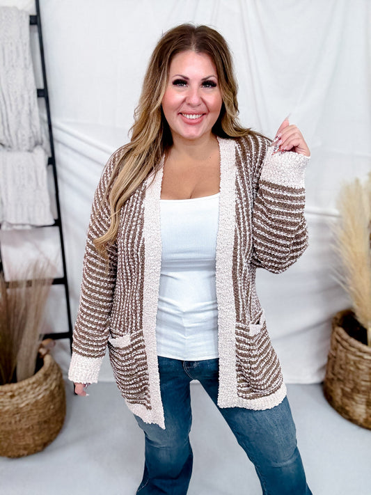 Long Sleeve Brown & Sand Open Knit Cardigan - Whiskey Skies - WHITE BIRCH