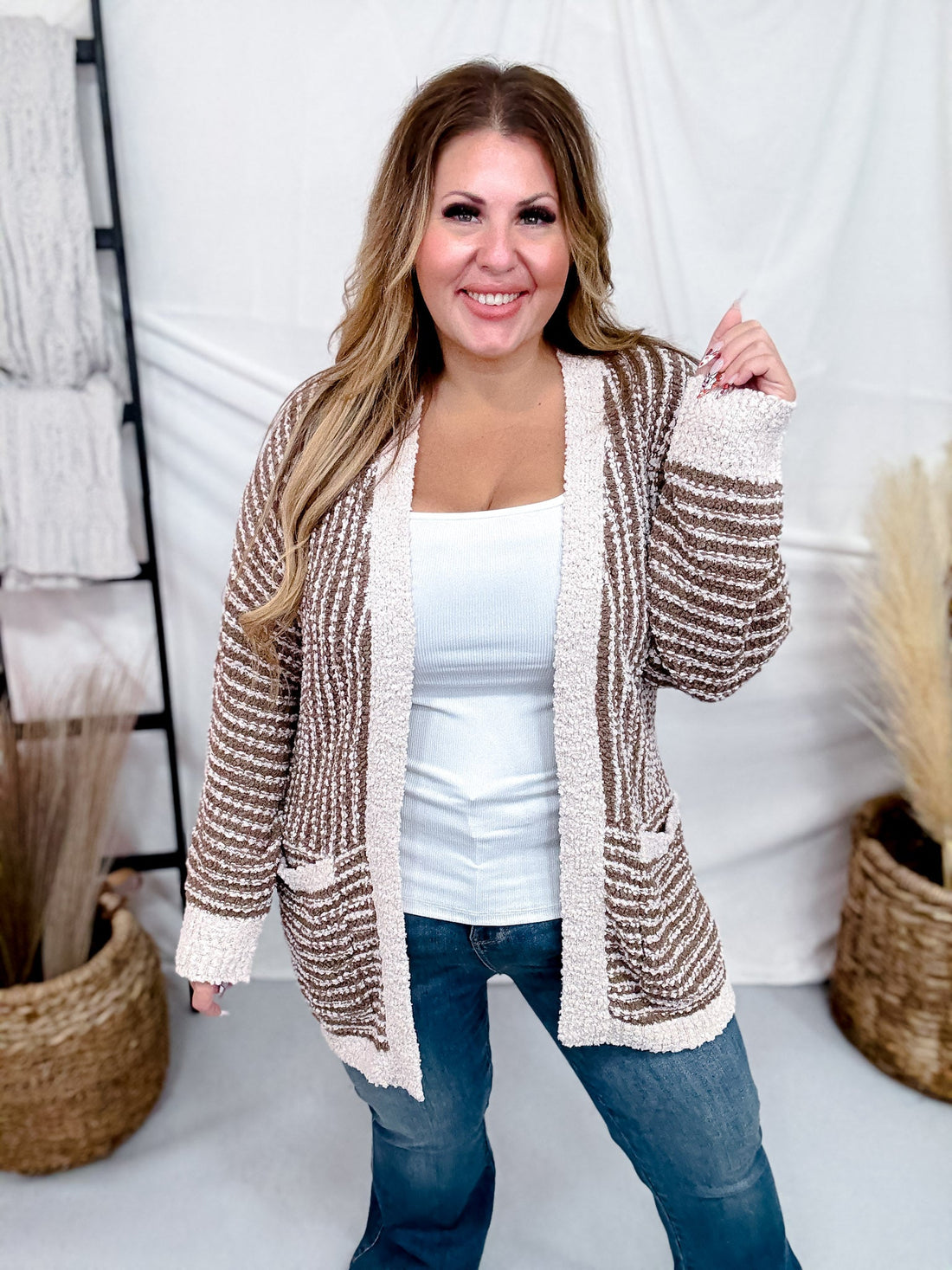 Long Sleeve Brown & Sand Open Knit Cardigan - Whiskey Skies - WHITE BIRCH