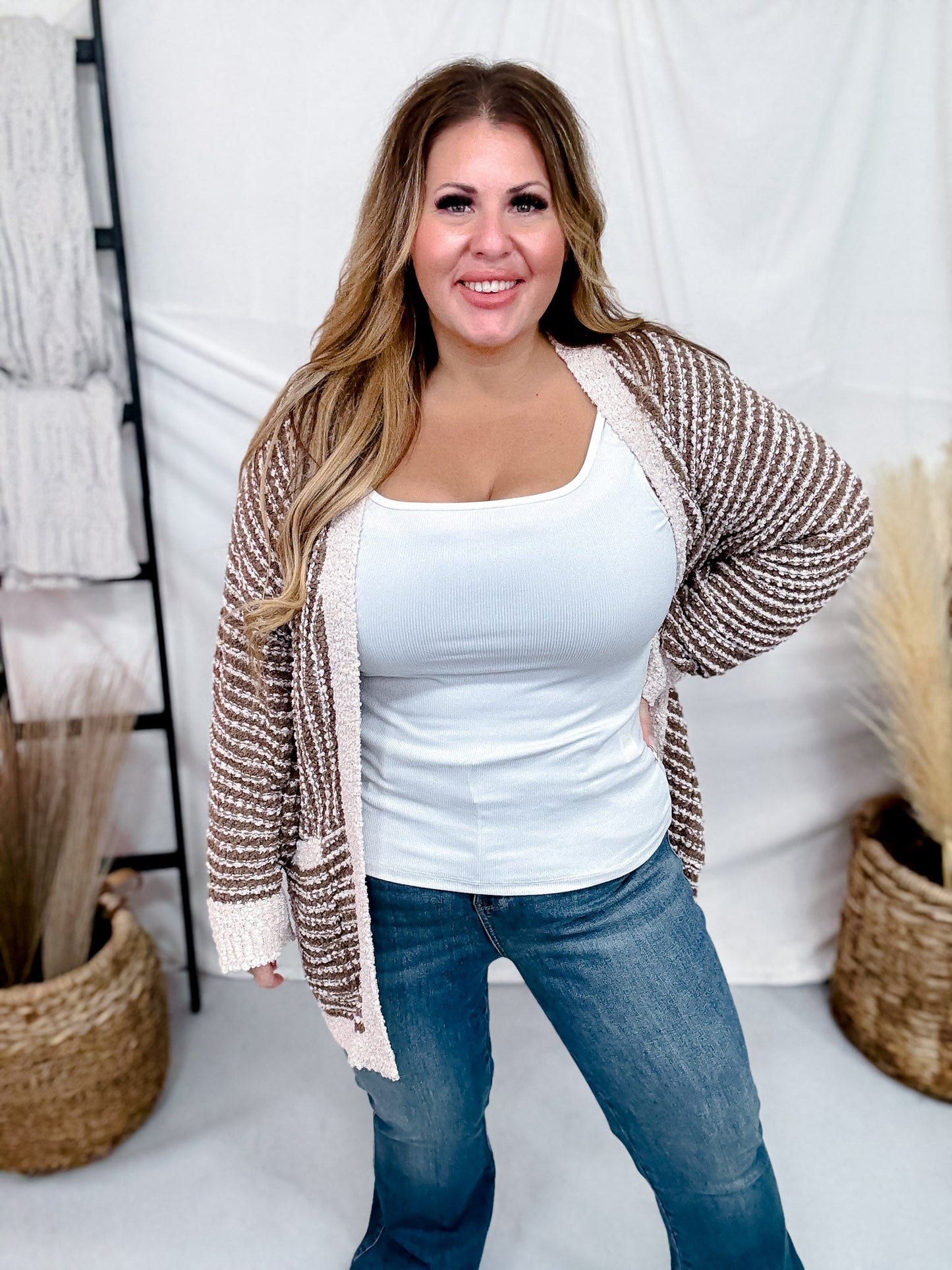 Long Sleeve Brown & Sand Open Knit Cardigan - Whiskey Skies - WHITE BIRCH