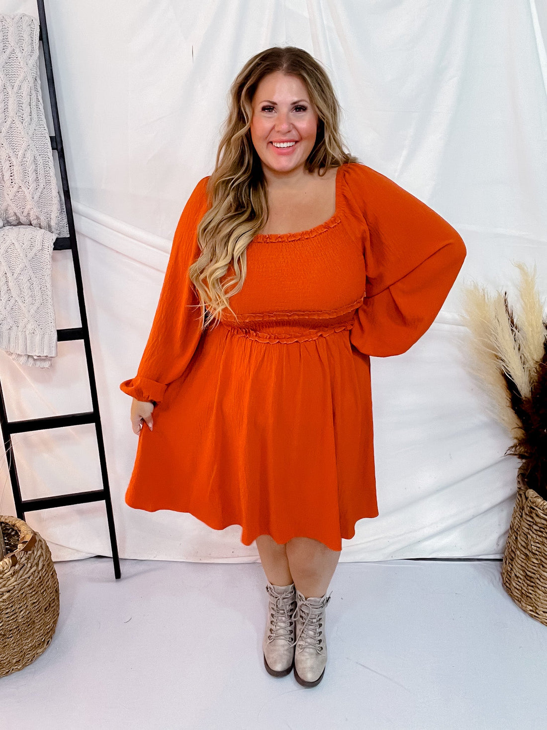 Long Sleeve Burnt Orange Minidress - Whiskey Skies - ODDI