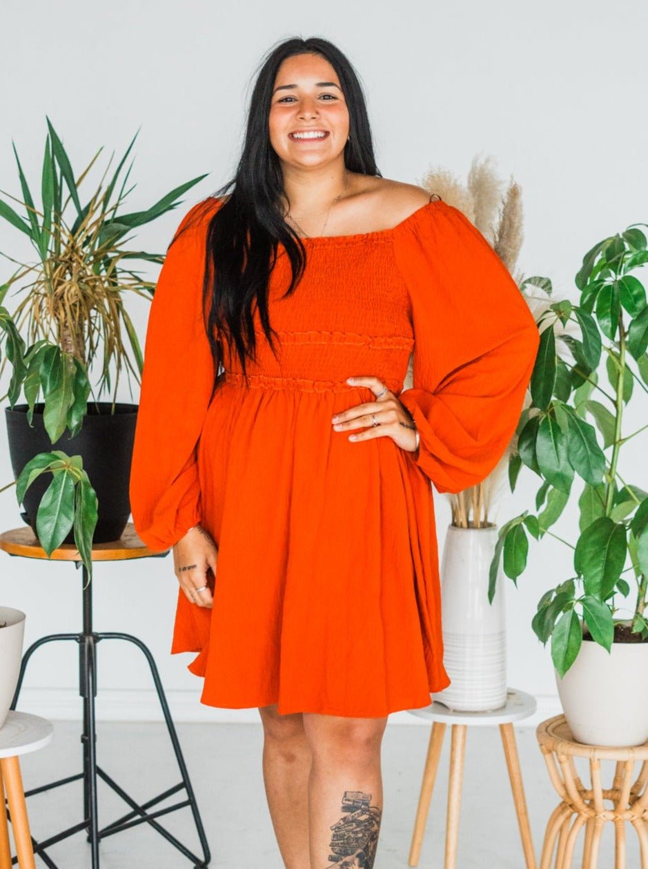 Long Sleeve Burnt Orange Minidress - Whiskey Skies - ODDI
