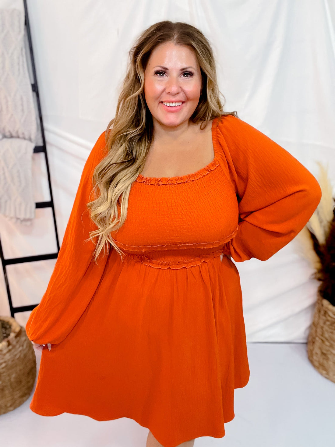 Long Sleeve Burnt Orange Minidress - Whiskey Skies - ODDI