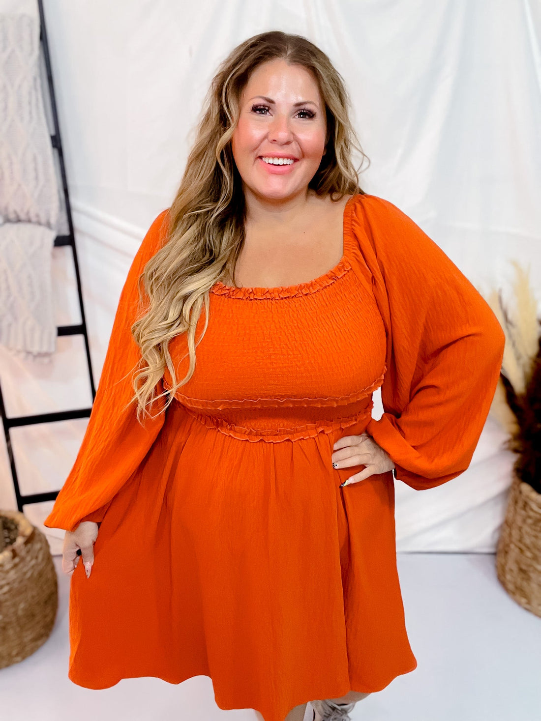 Long Sleeve Burnt Orange Minidress - Whiskey Skies - ODDI