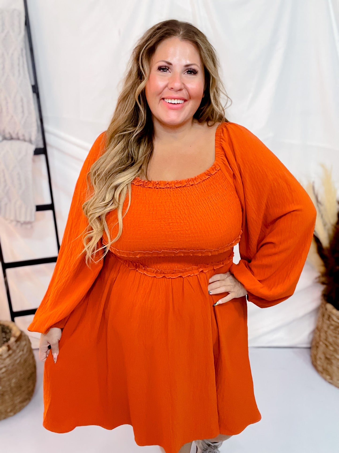 Long Sleeve Burnt Orange Minidress - Whiskey Skies - ODDI