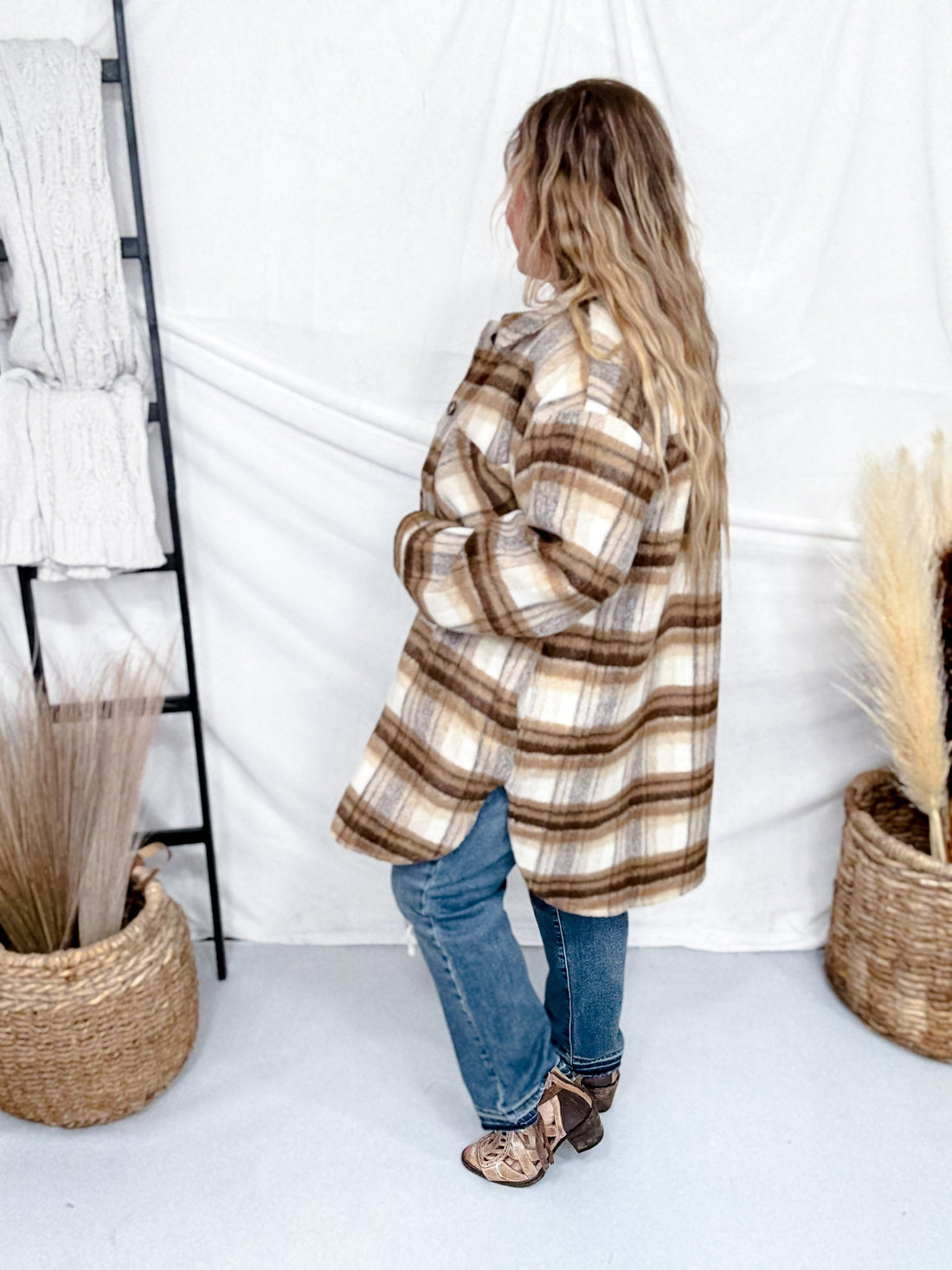 Long Sleeve Button Down Checkered Shacket - Whiskey Skies - SEW IN LOVE