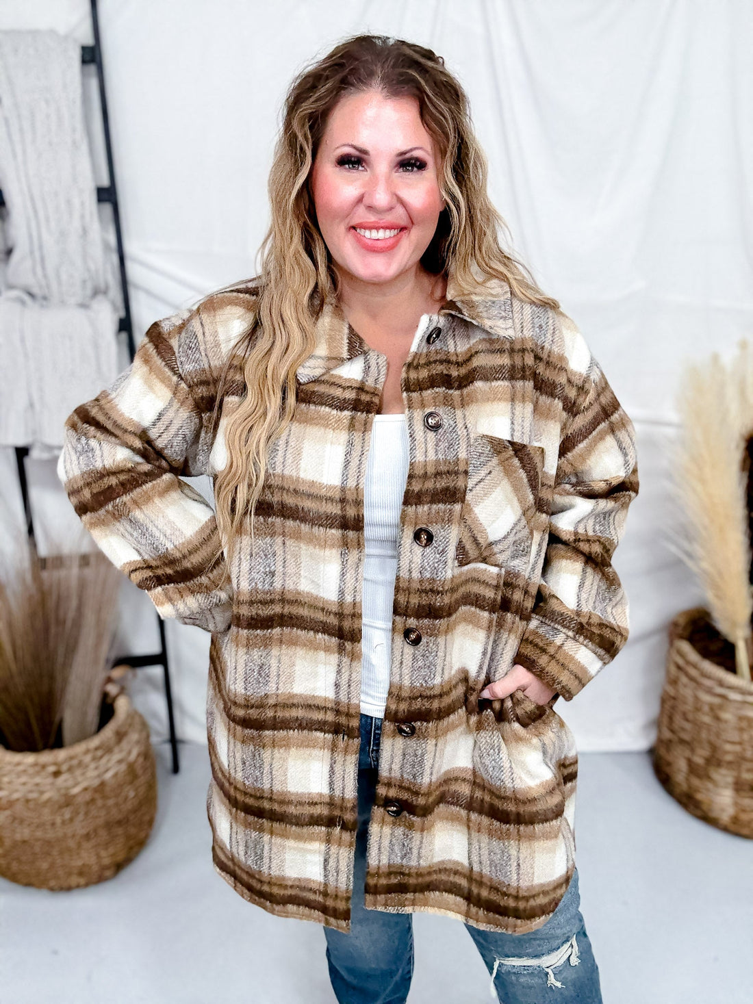 Long Sleeve Button Down Checkered Shacket - Whiskey Skies - SEW IN LOVE