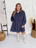 Long Sleeve Button Down Corduroy Dress in Blue - Gray - Whiskey Skies - JODIFL