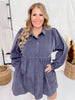 Long Sleeve Button Down Corduroy Dress in Blue - Gray - Whiskey Skies - JODIFL