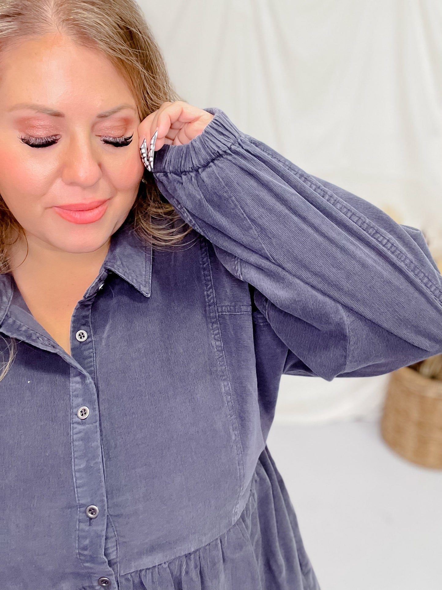 Long Sleeve Button Down Corduroy Dress in Blue - Gray - Whiskey Skies - JODIFL