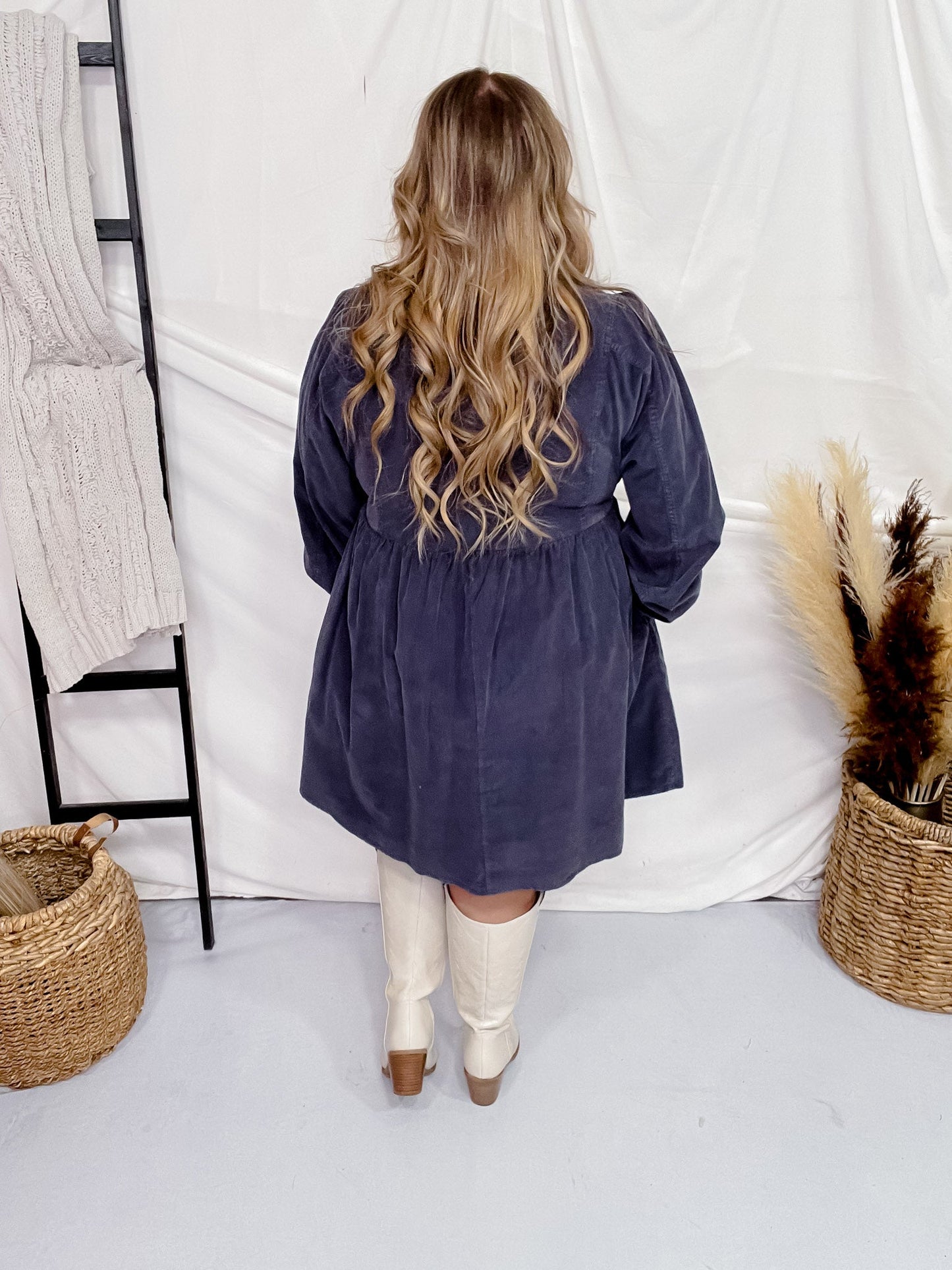Long Sleeve Button Down Corduroy Dress in Blue - Gray - Whiskey Skies - JODIFL