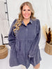 Long Sleeve Button Down Corduroy Dress in Blue - Gray - Whiskey Skies - JODIFL