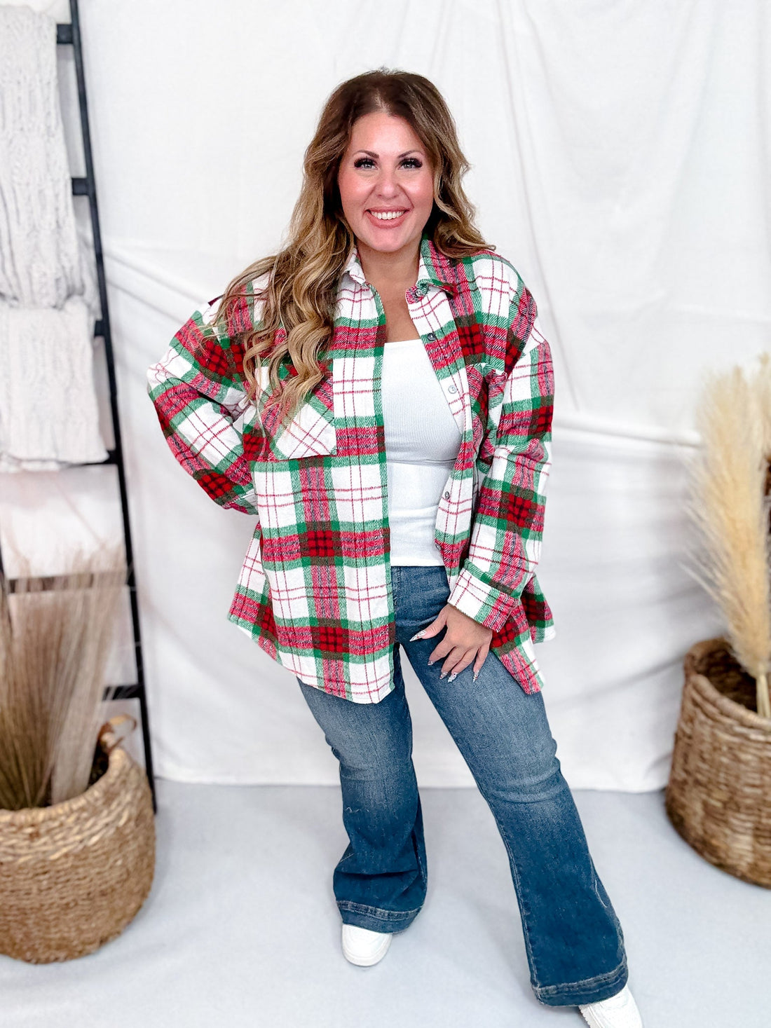 Long Sleeve Button Down Plaid Shacket - Whiskey Skies - SHE + SKY