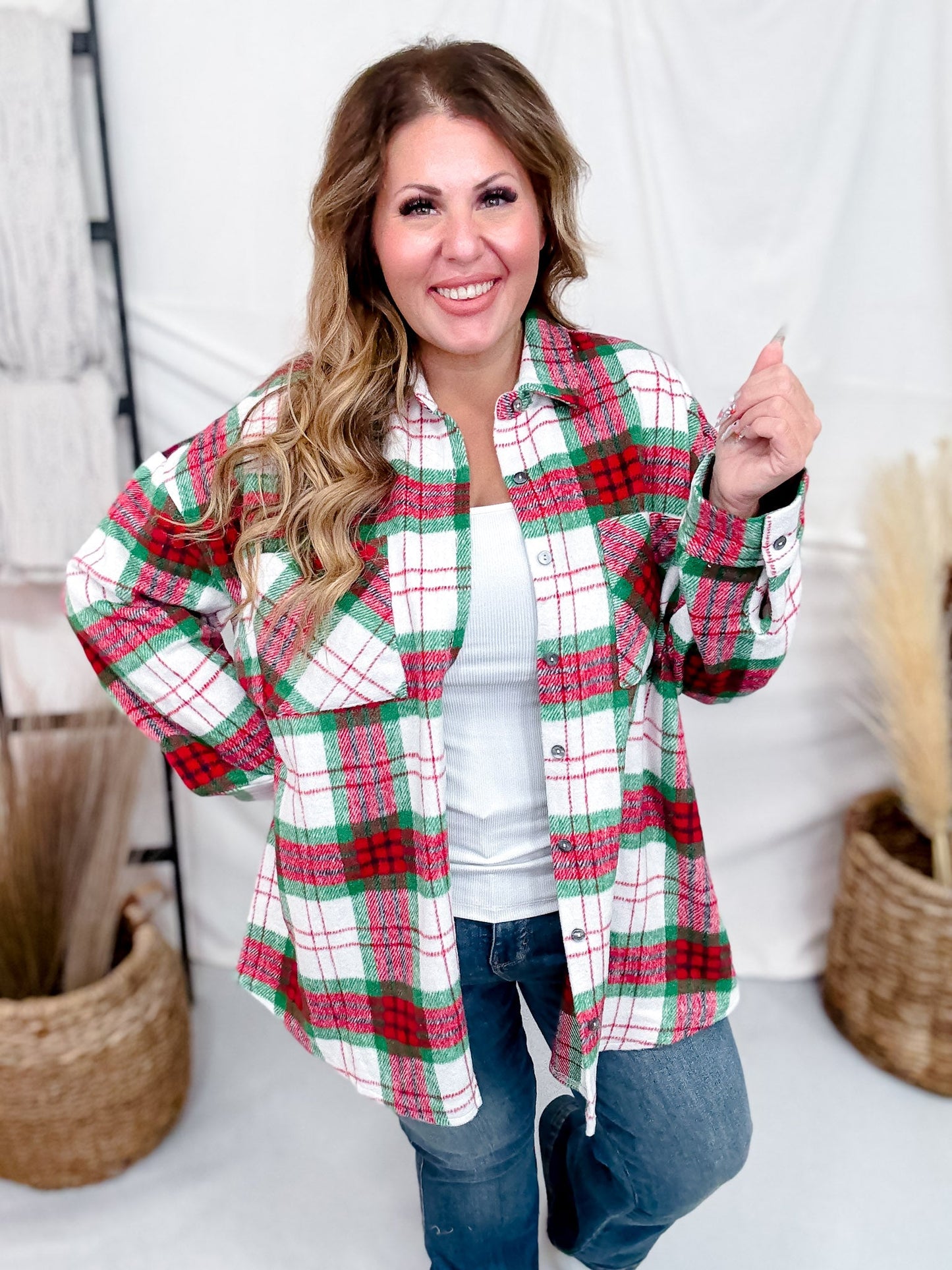 Long Sleeve Button Down Plaid Shacket - Whiskey Skies - SHE + SKY