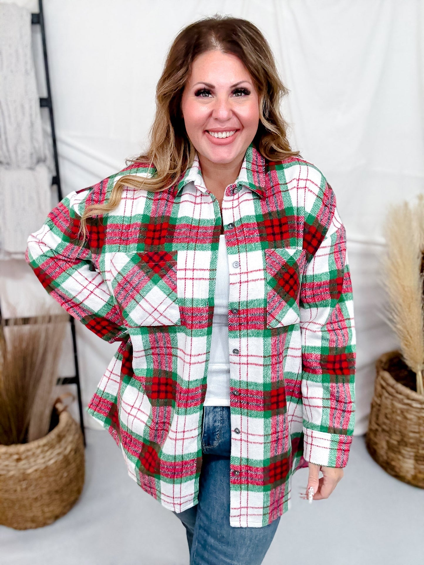 Long Sleeve Button Down Plaid Shacket - Whiskey Skies - SHE + SKY