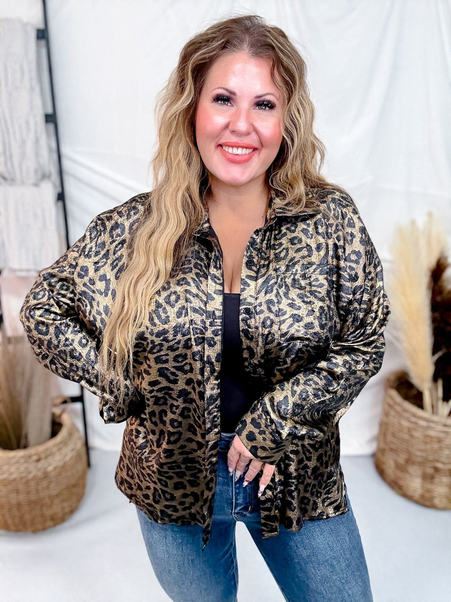 Long Sleeve Button Down Silky Leopard Blouse - Whiskey Skies - SEW IN LOVE