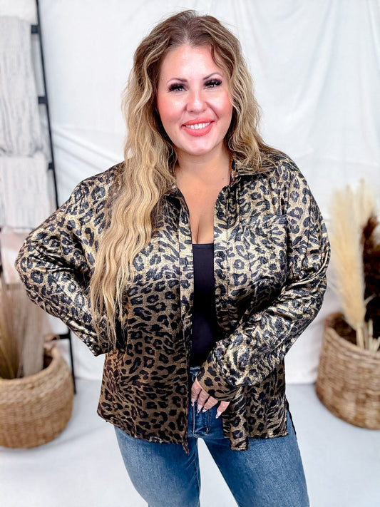 Long Sleeve Button Down Silky Leopard Blouse - Whiskey Skies - SEW IN LOVE